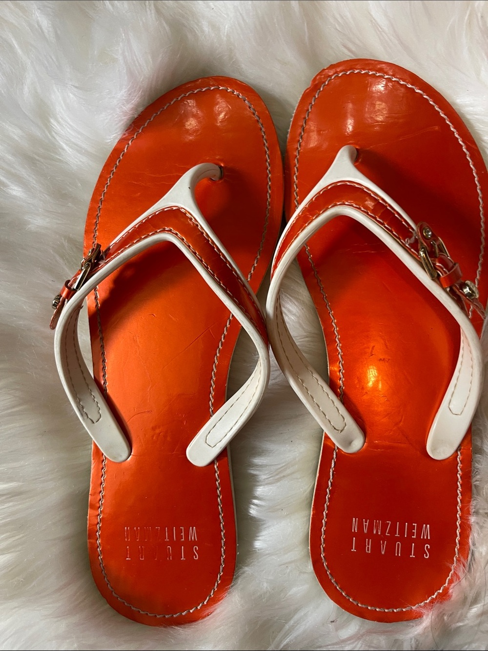 Stuart Weitzman Orange and White Leather Thong Sandals